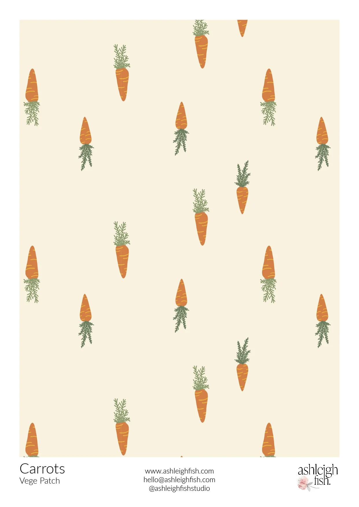 Illustrated pattern of scattered carrots with green tops on a beige background, designed by Ashleigh Fish.