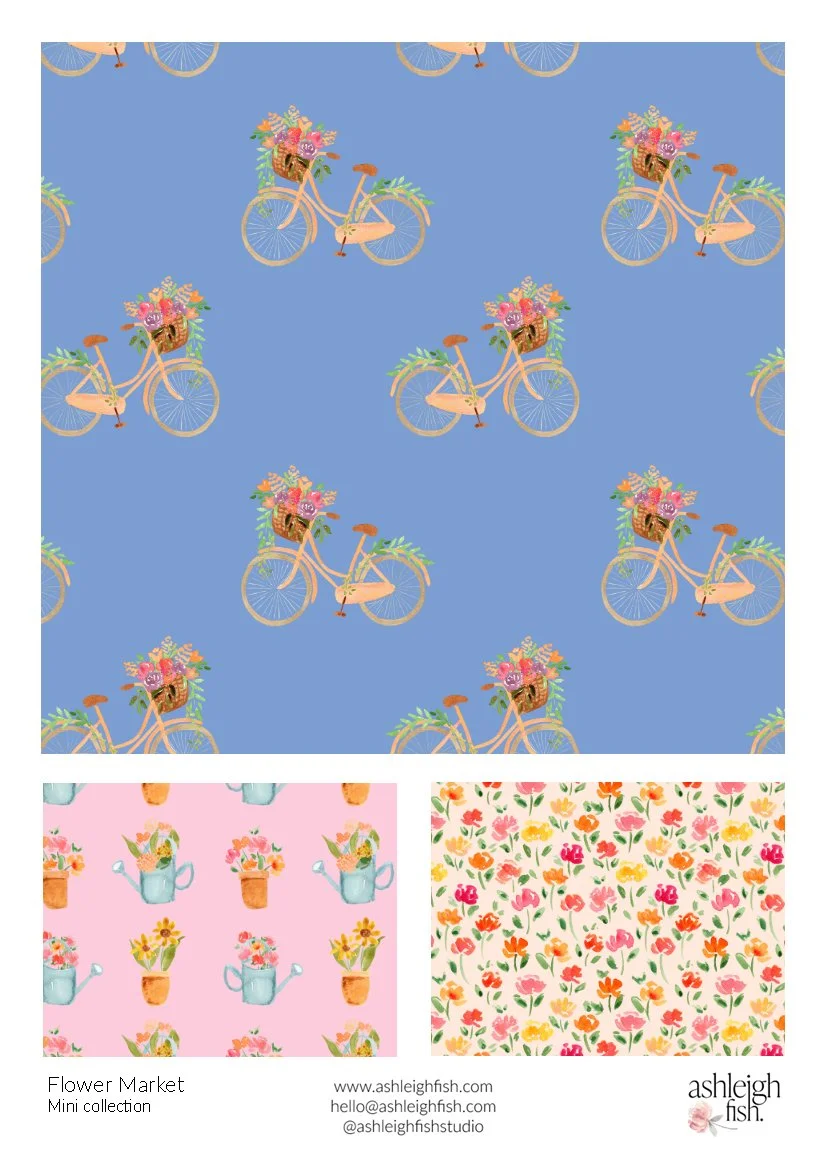 Pattern designs featuring bicycles with flower baskets, watering cans, and flower pots.
