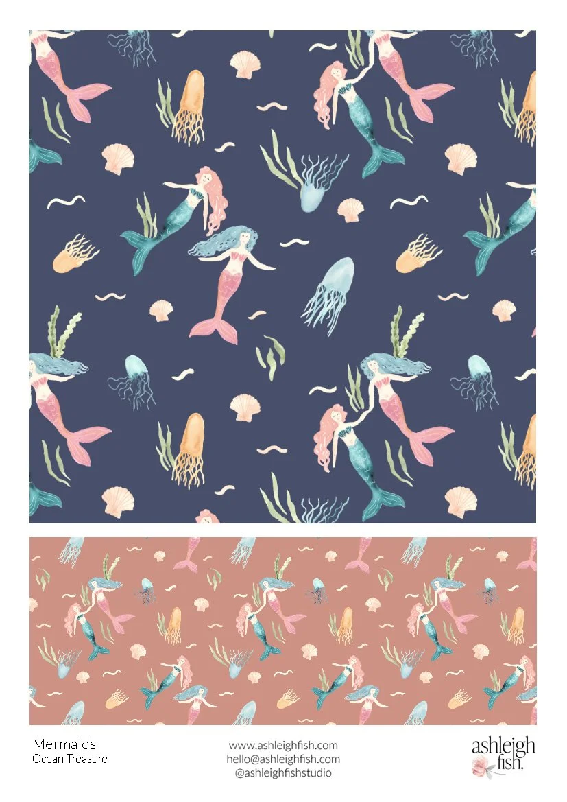 Mermaid and ocean-themed pattern with mermaids, jellyfish, seashells, seaweed, and fish on dark and light backgrounds with contact information for Ashleigh Hfsh Studio.