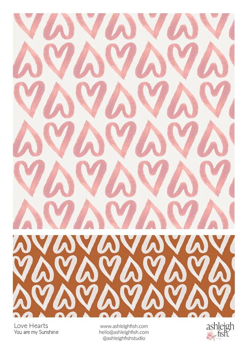 Patterned design with pink and white heart shapes on cream and orange backgrounds, titled 'Love Hearts' by Ashleigh Fish.