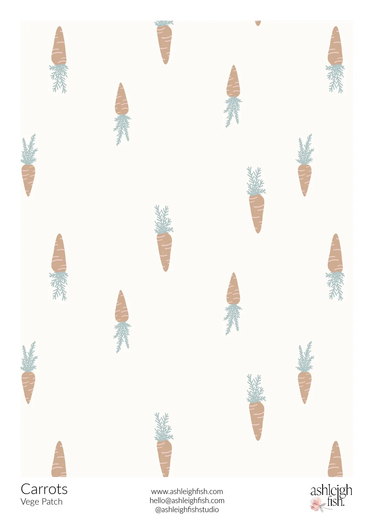 Pattern of illustrated carrots with green tops on a light background.