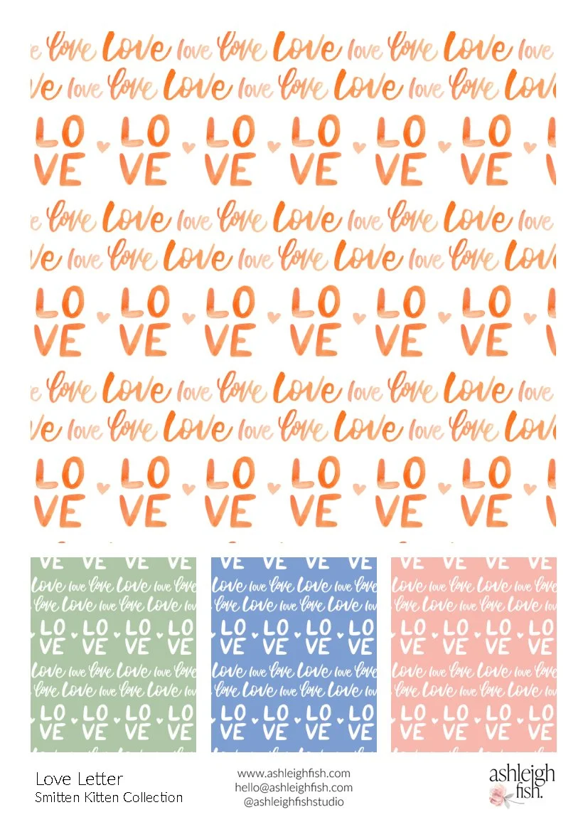 Pattern of the word 'love' in various fonts and colors