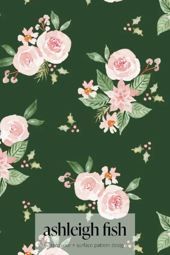 Floral pattern with pink roses and green leaves on a dark green background.