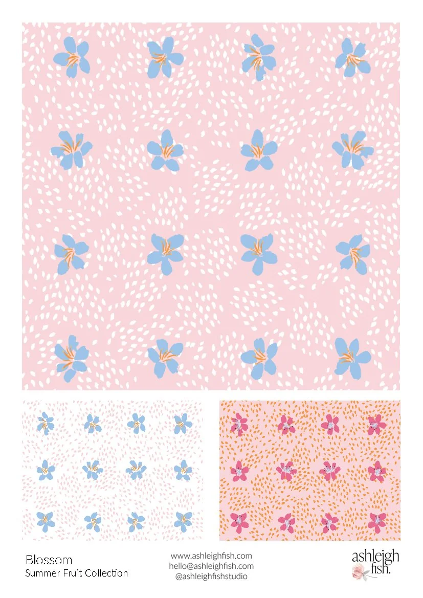 Floral pattern with blue flowers on a pink background, featuring white petal-like shapes. Includes variations with pink flowers and different background colors. Part of Blossom Summer Fruit Collection by Ashleigh Fish.