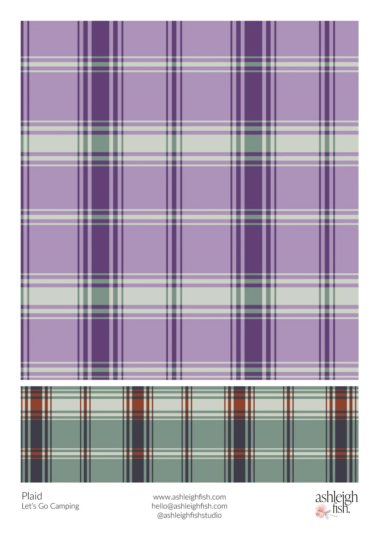 Plaid patterns in purple and green with promotional text for Ashleigh Fish Studio.