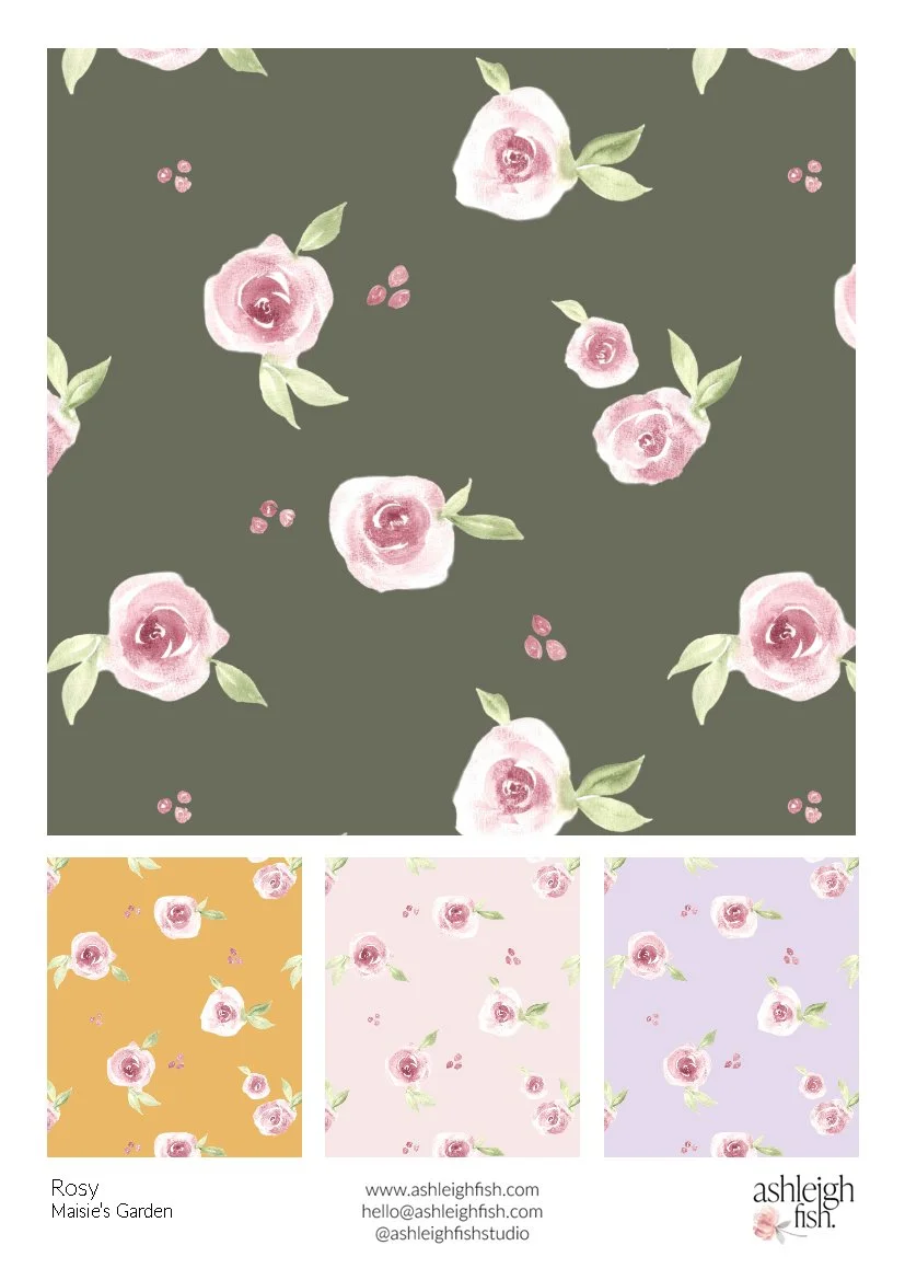 Floral patterns featuring pink roses on various colored backgrounds including green, orange, light pink, and lavender.