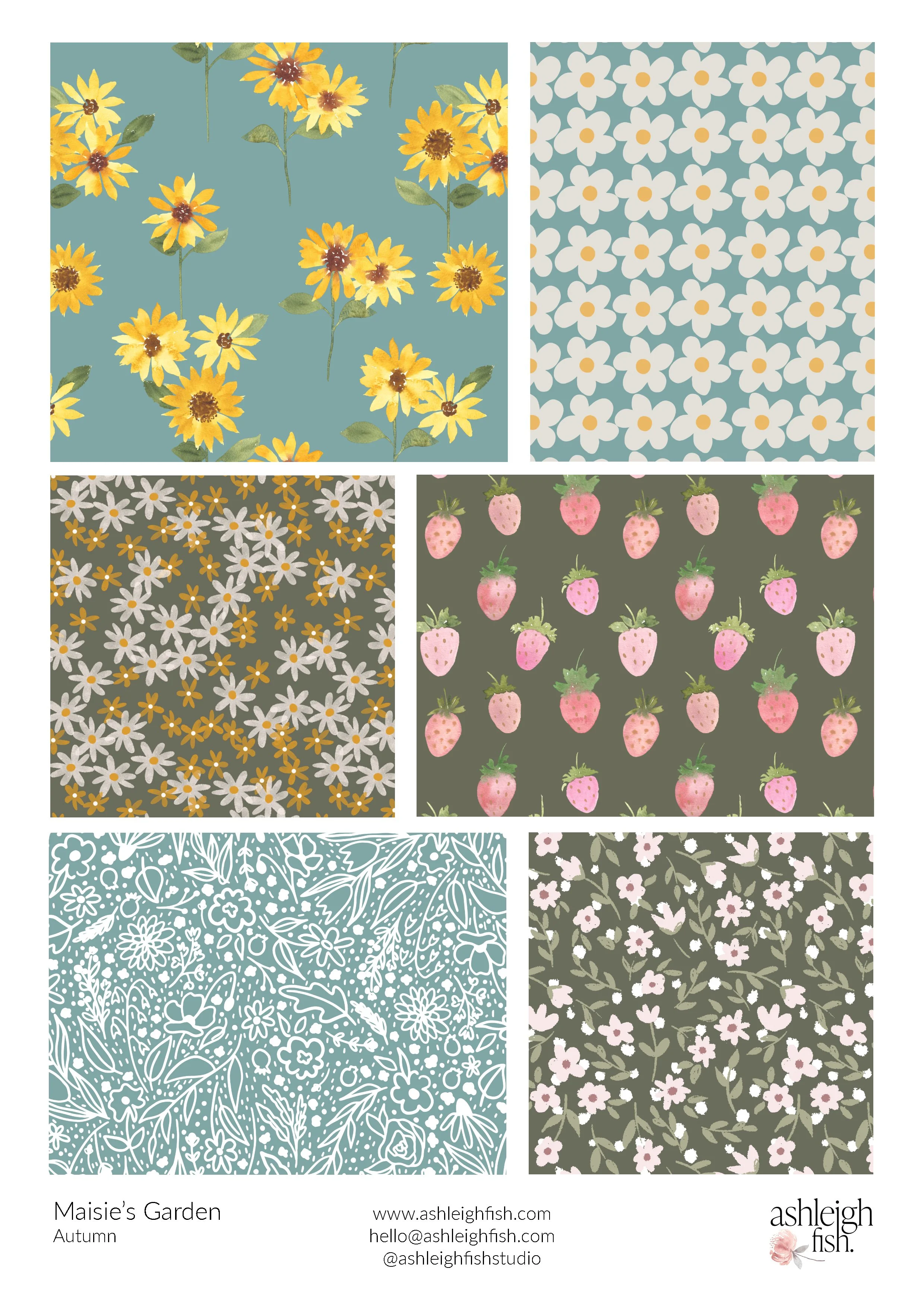 Collection of six floral and fruit pattern designs, including sunflowers, daisies, strawberries, and abstract floral prints, titled 'Maisie's Garden.'