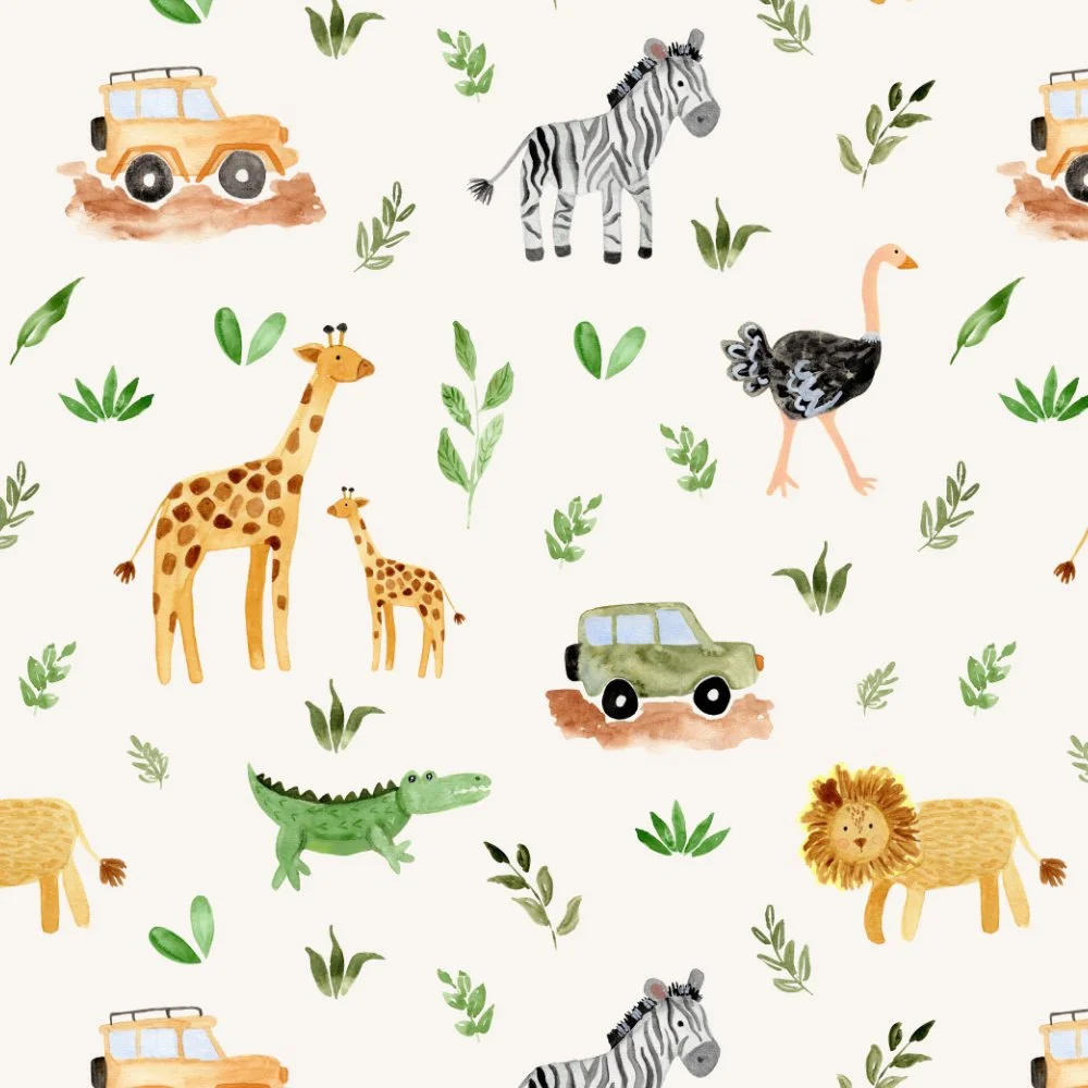 Pattern of watercolor safari animals including giraffes, zebras, ostriches, lions, and crocodiles with off-road vehicles and scattered greenery on a light background.