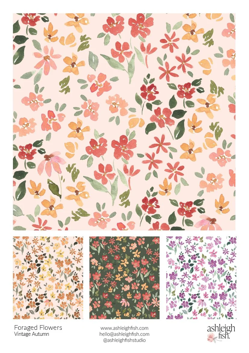 Floral pattern designs with various colorful flowers and leaves on different backgrounds, labeled 'Foraged Flowers Vintage Autumn' by Ashleigh Fish.