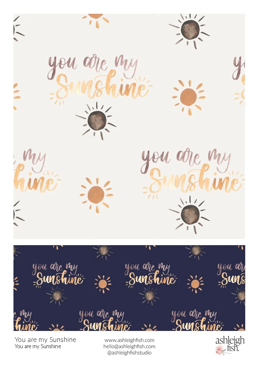 Patterned design featuring the phrase 'You are my Sunshine' with sun illustrations, displayed on light and dark backgrounds.