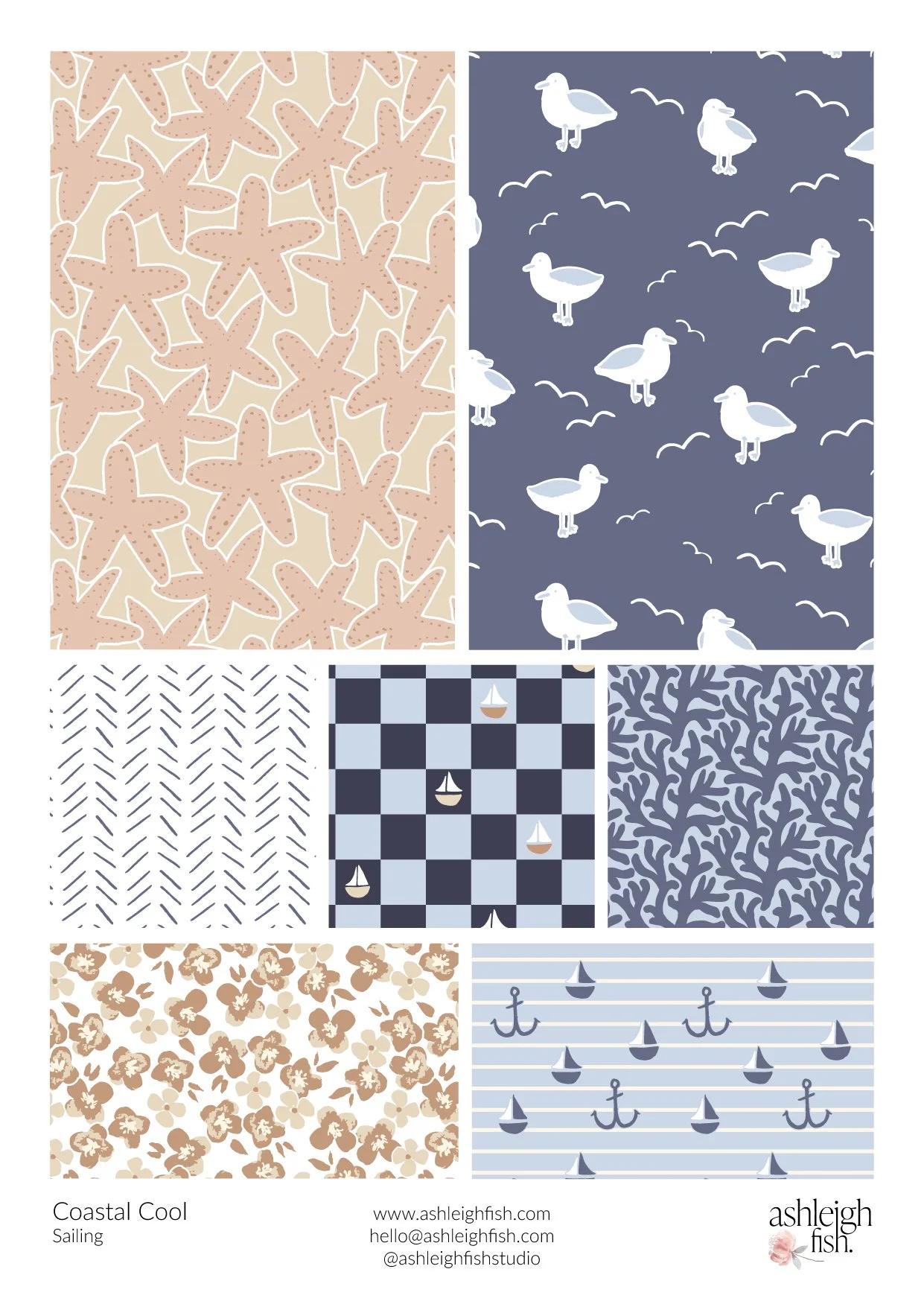 Assorted coastal-themed patterns showing starfish, seagulls, coral, nautical stripes with anchors and sailboats, floral design, and a checkerboard with sailboats. Labeled 'Coastal Cool' for a design collection by Ashleigh Fish.