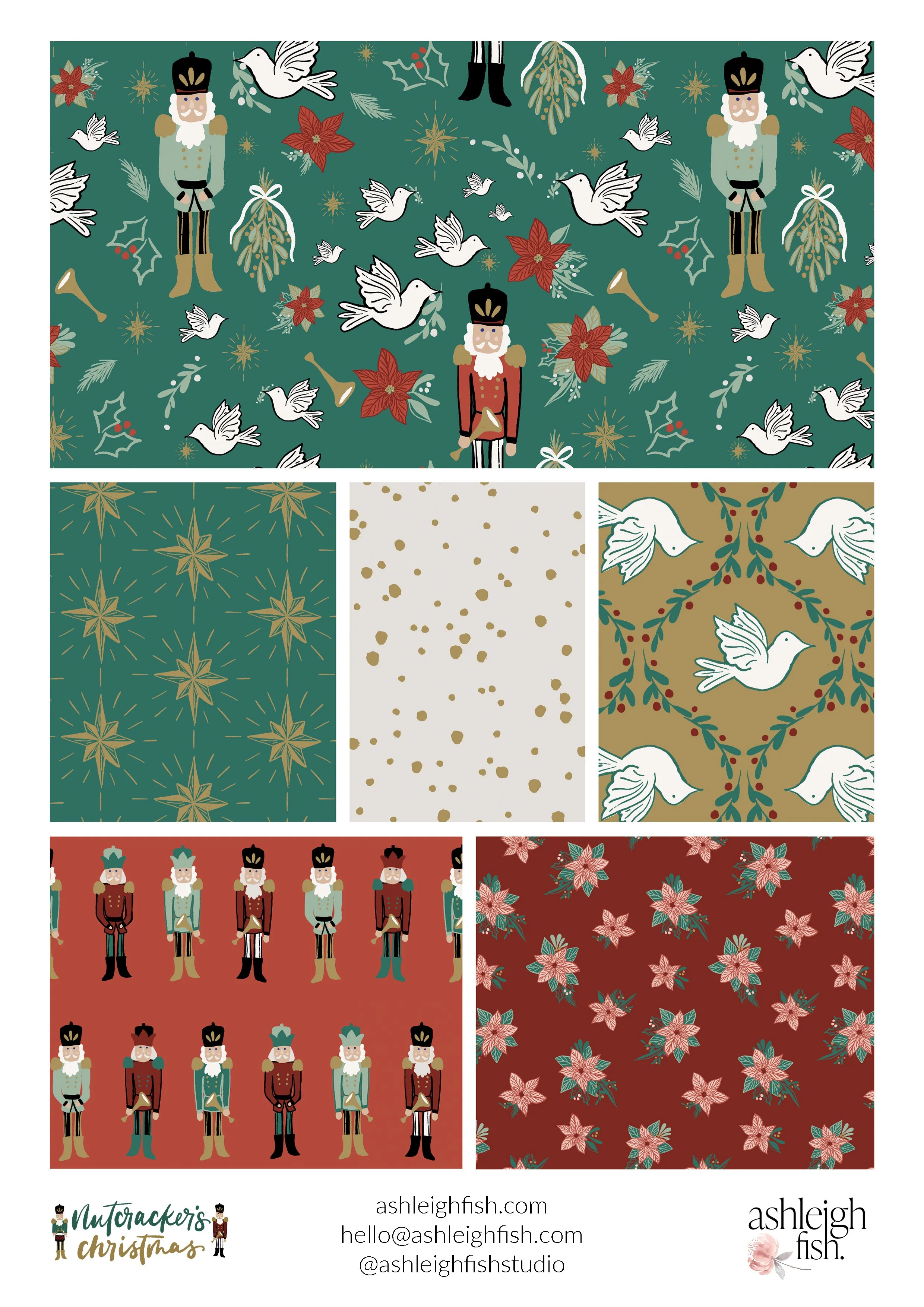 Christmas-themed pattern designs featuring nutcrackers, doves, poinsettias, snowflakes, and stars. Includes various background colors: teal, red, white with gold dots, and mustard. Styled in a whimsical and festive manner with repetitive motifs.