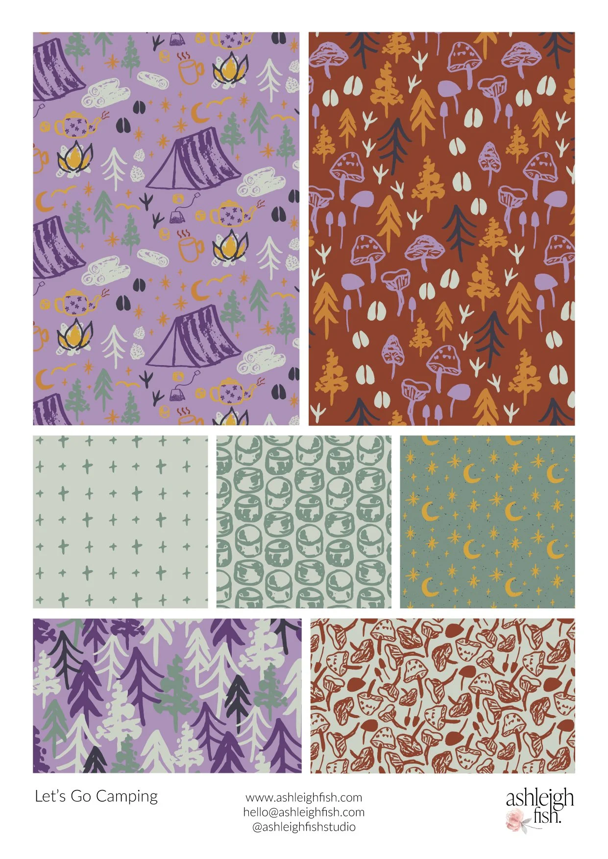 Collection of camping-themed patterns featuring tents, campfires, mushrooms, trees, and celestial motifs in earthy and pastel colors. Designed by Ashleigh Fish.