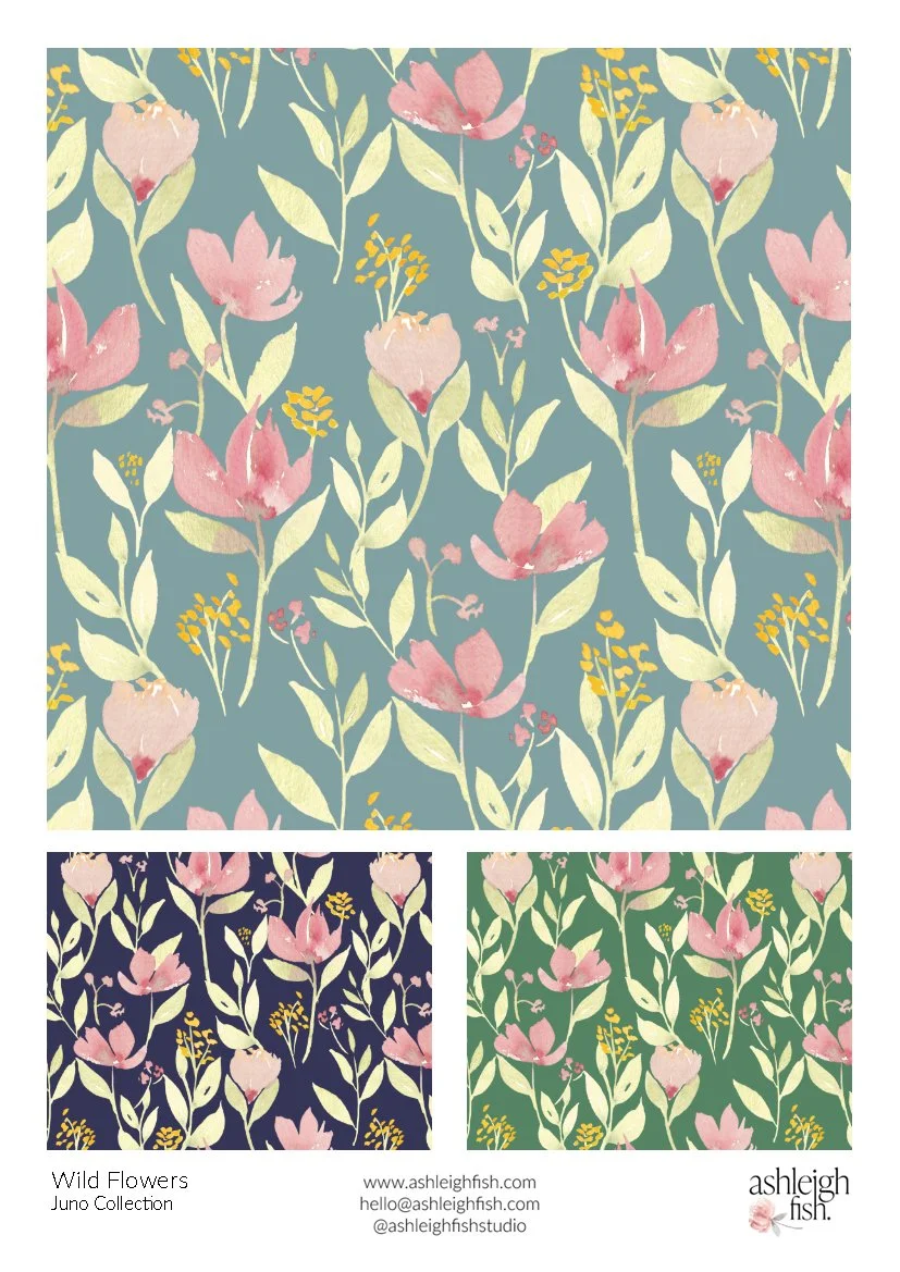 Floral patterns in pastel colors, featuring pink flowers and green leaves on blue, navy, and green backgrounds, part of the Wild Flowers Juno Collection by Ashleigh Fish.