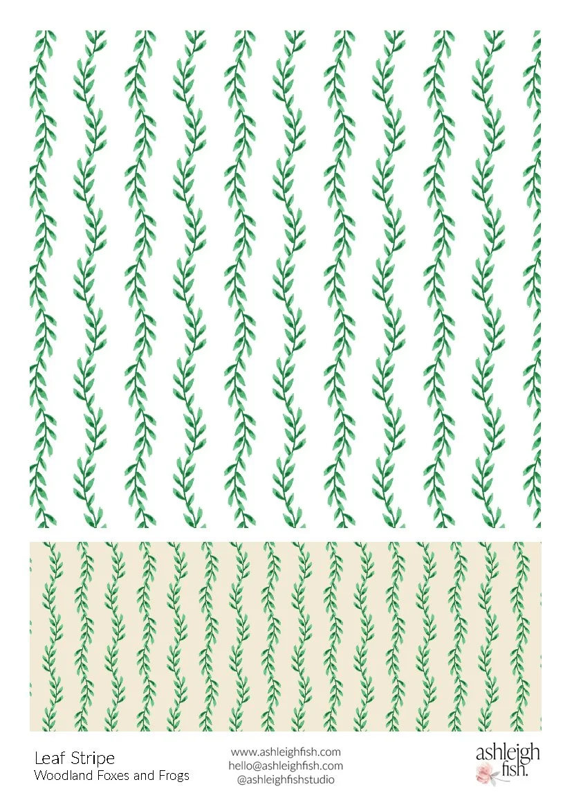 Vertical leaf stripe pattern in green on white and beige backgrounds.
