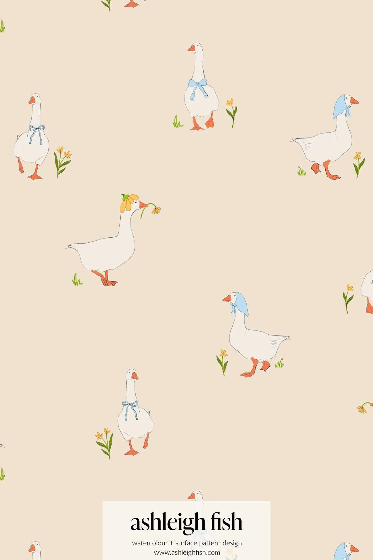 Illustration pattern of geese wearing blue ribbons and headscarves, with small flowers and grass accents, on a beige background.