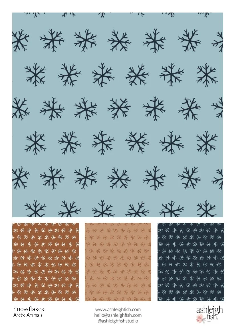 Pattern design featuring snowflakes against various colored backgrounds, titled 'Snowflakes' by Ashleigh Fish. Contact information included.