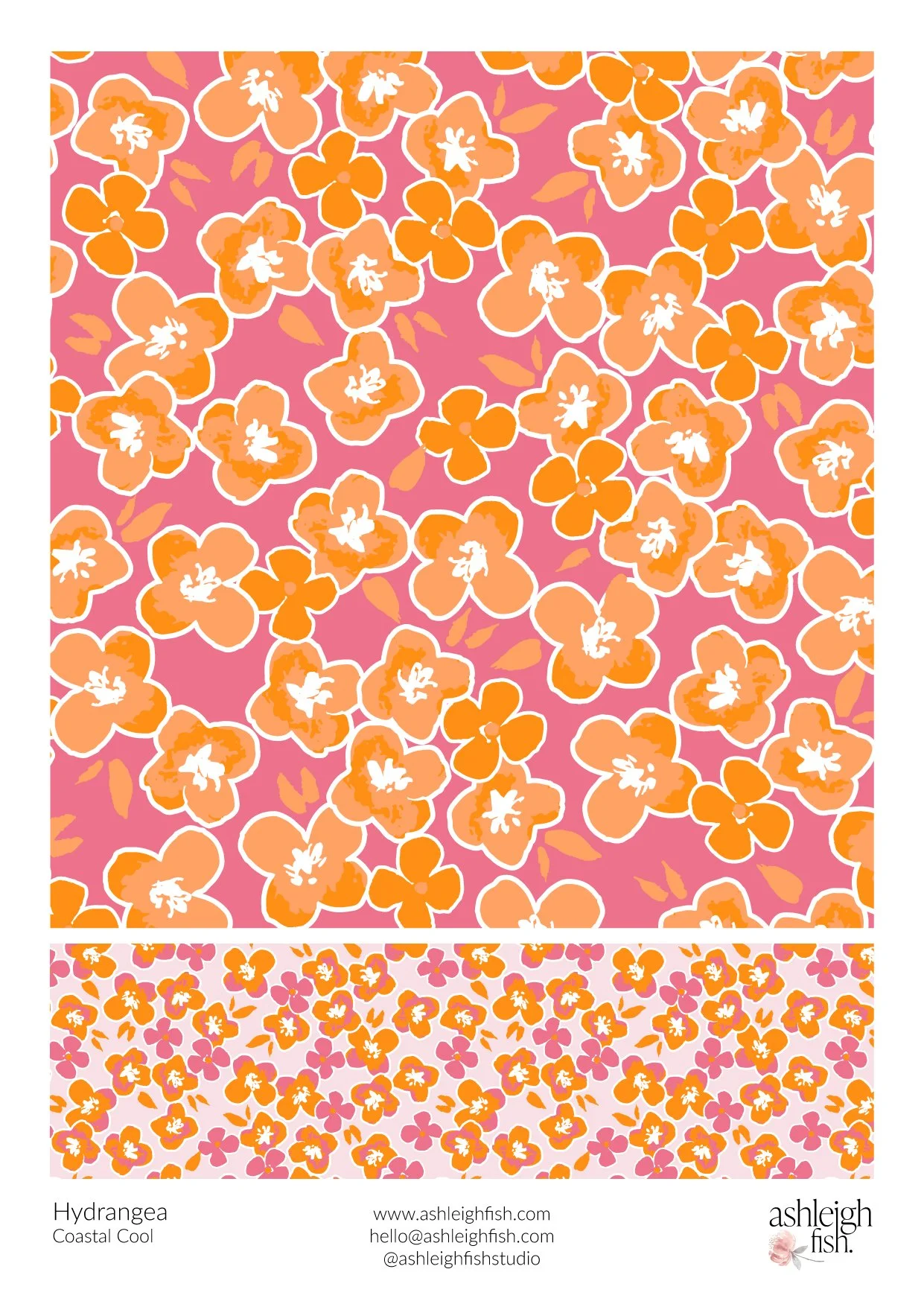 Floral pattern design featuring orange flowers on a pink background, created by Ashleigh Fish. Includes contact information and "Hydrangea Coastal Cool" text at the bottom.