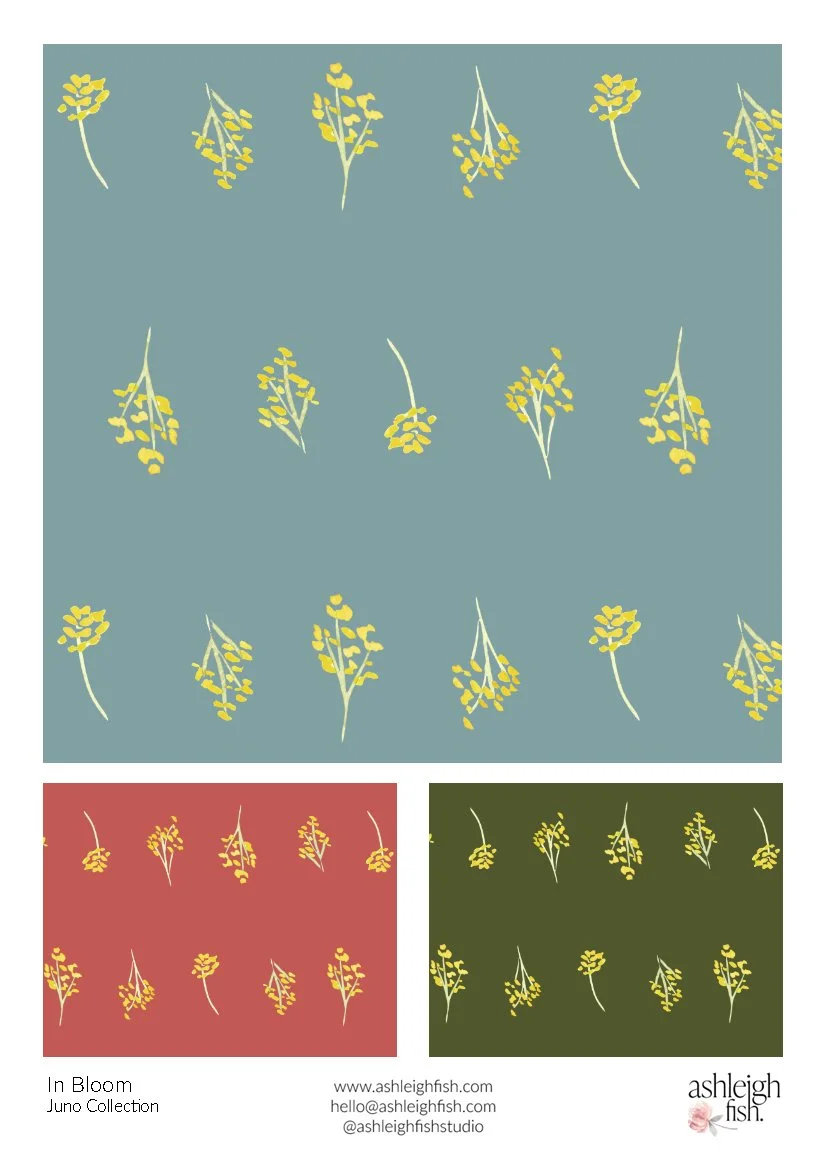 Floral pattern samples with yellow flowers on green, red, and dark green backgrounds; labeled 'In Bloom Juno Collection' by Ashleigh Fish.