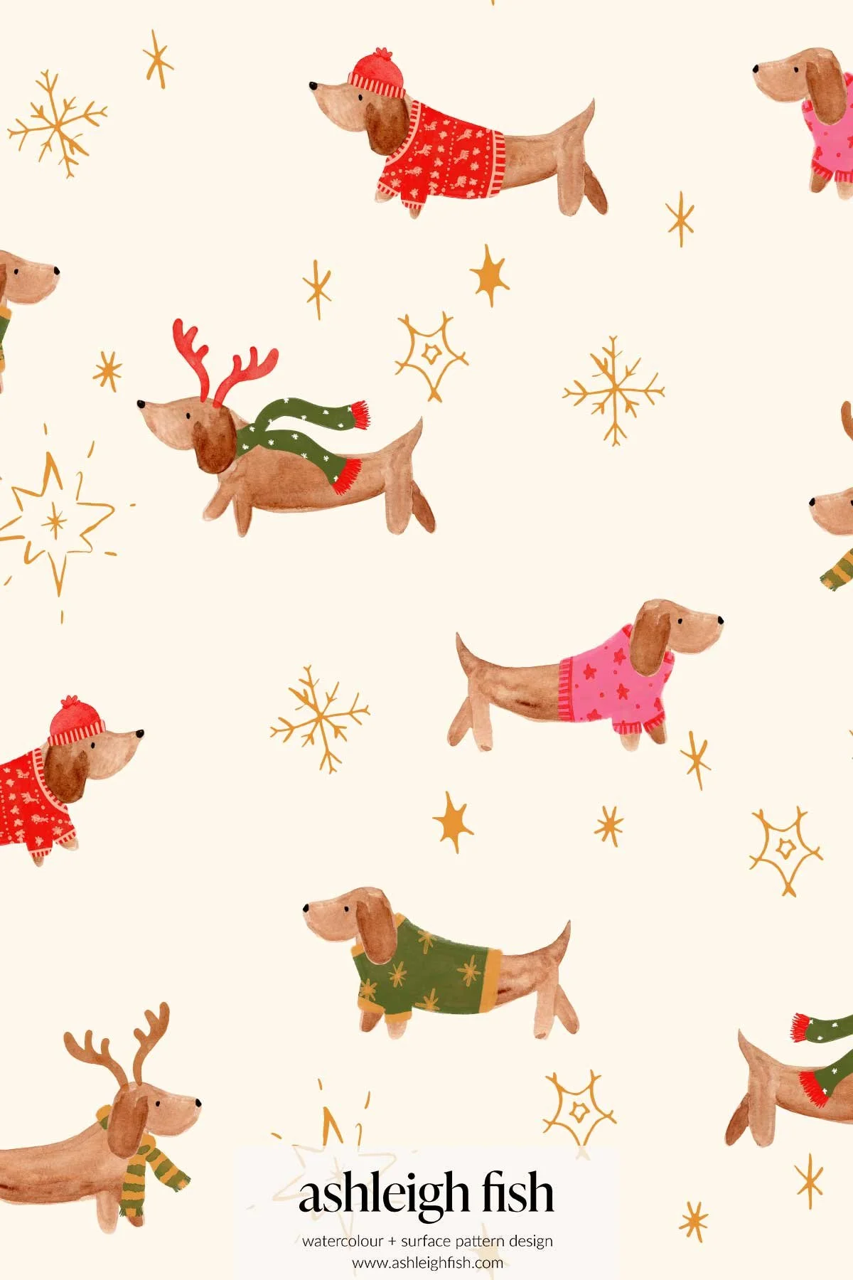 Dachshunds in festive clothes with snowflakes on cream background