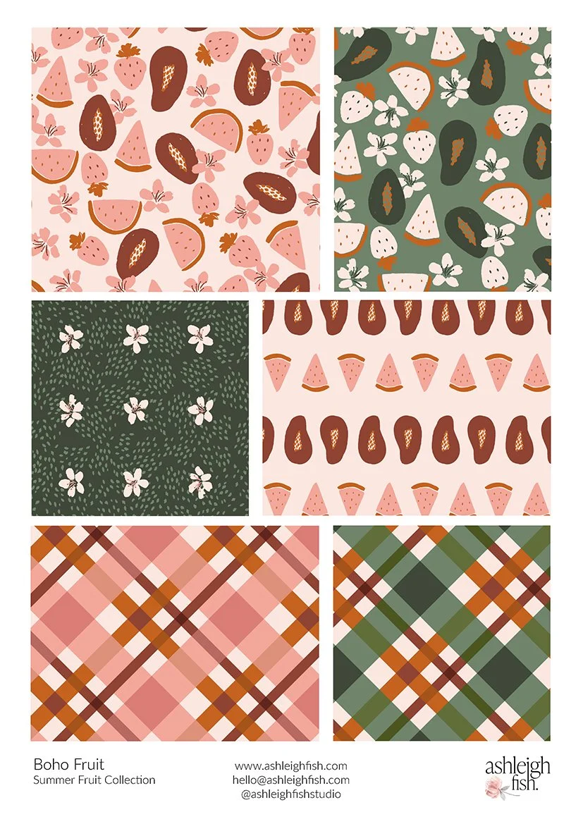 Boho fruit pattern collection with abstract fruits, flowers, and plaid designs in pink, green, and brown colors.