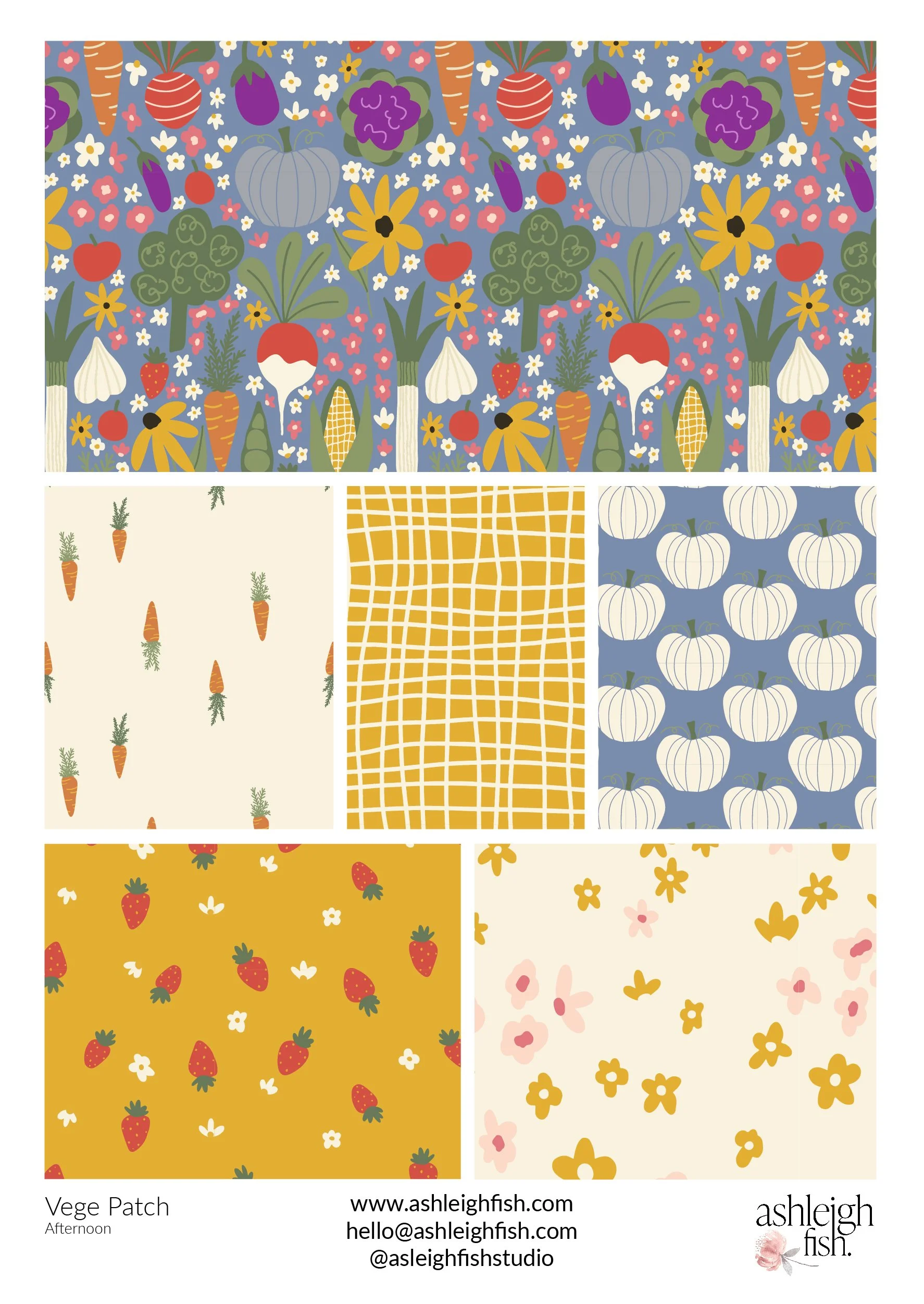 Colorful vegetable and floral patterns featuring carrots, onions, tomatoes, corn, strawberries, and various flowers. Includes contact details for ashleighfish.com.
