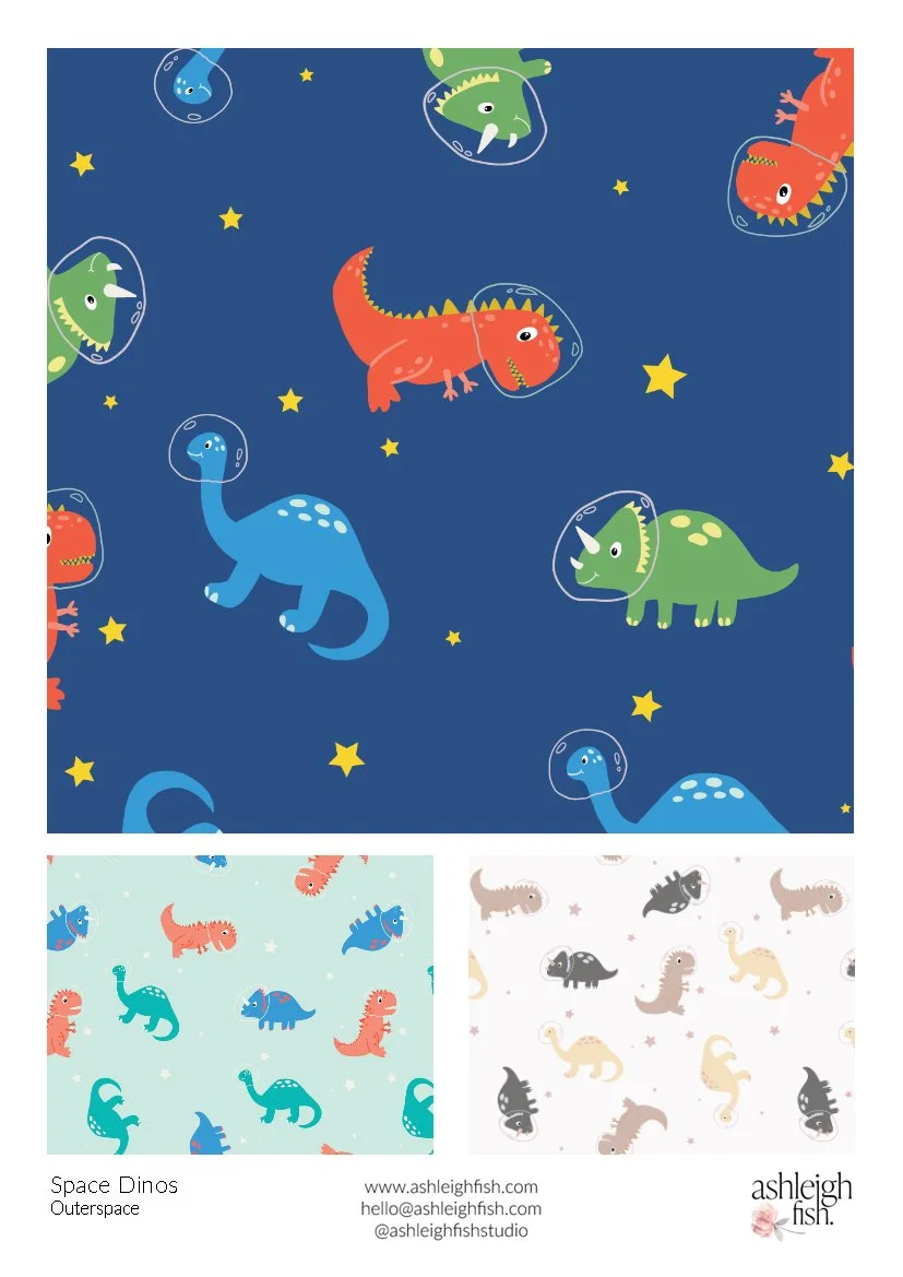 Pattern of colorful cartoon dinosaurs wearing space helmets, with stars on a dark background, accompanied by smaller patterns on light backgrounds.