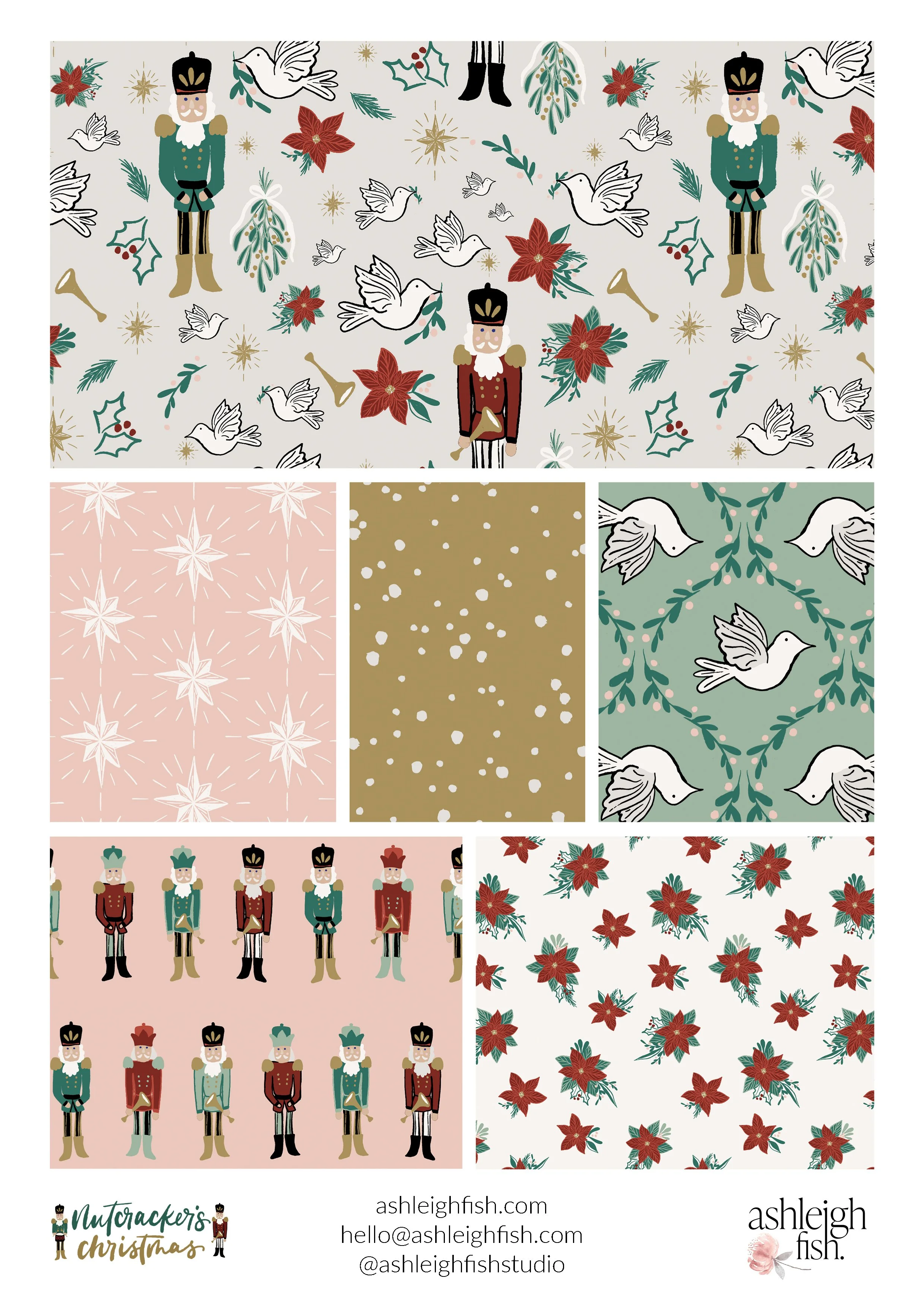 Collage of Christmas-themed patterns featuring nutcracker soldiers, white doves, poinsettias, stars, holly, and snowflakes.
