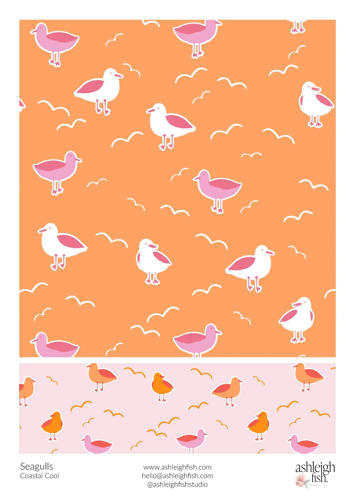 Pattern design featuring stylized seagulls on orange and pink backgrounds with white cloud outlines.