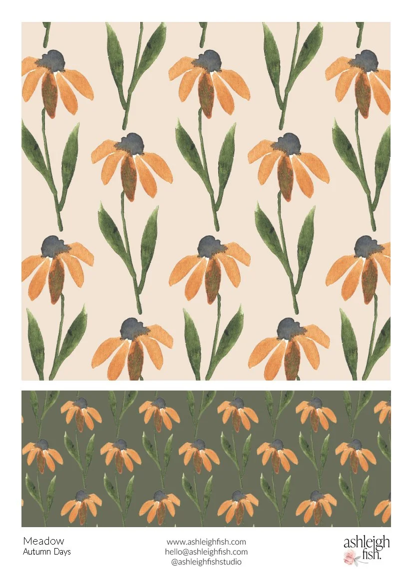 Pattern design featuring orange flowers and green leaves on two backgrounds, one beige and one dark green, with "Meadow Autumn Days" credit to Ashleigh Fish.
