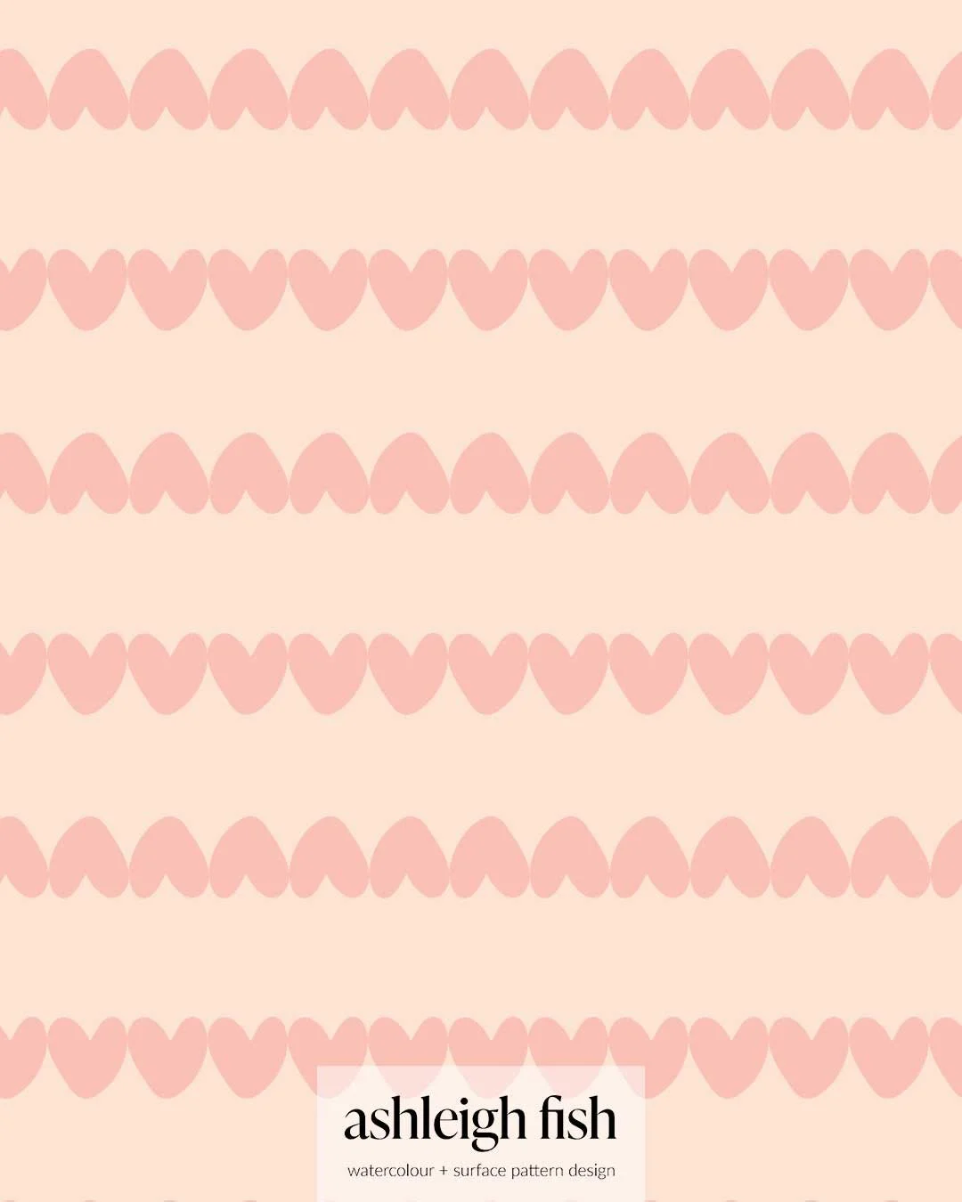 Seamless pattern of pink heart shapes on a light peach background with "ashleigh fish" text at the bottom.