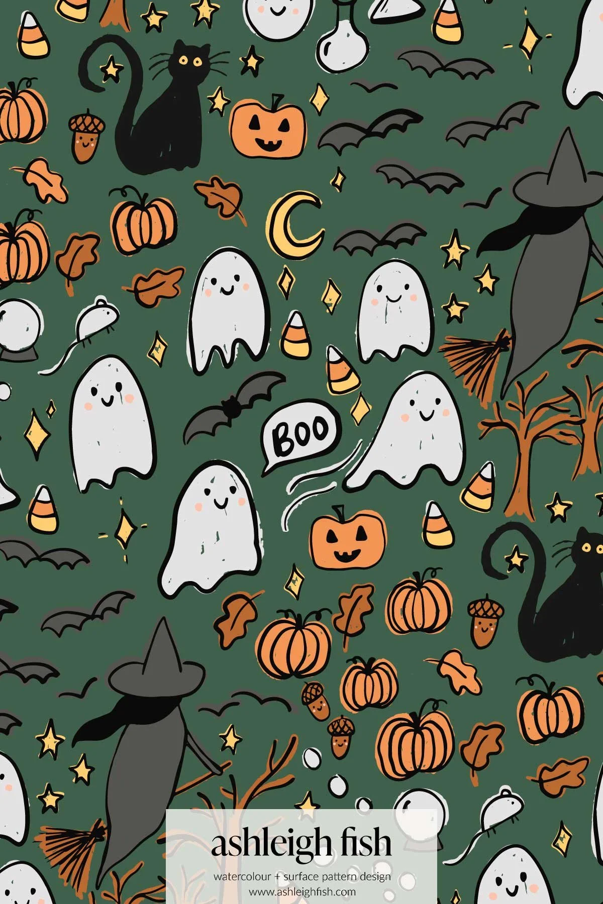 Seamless Halloween pattern featuring ghosts, black cats, pumpkins, bats, and witches on a broomstick against a green background. Includes elements like candy corn, leaves, acorns, and stars.