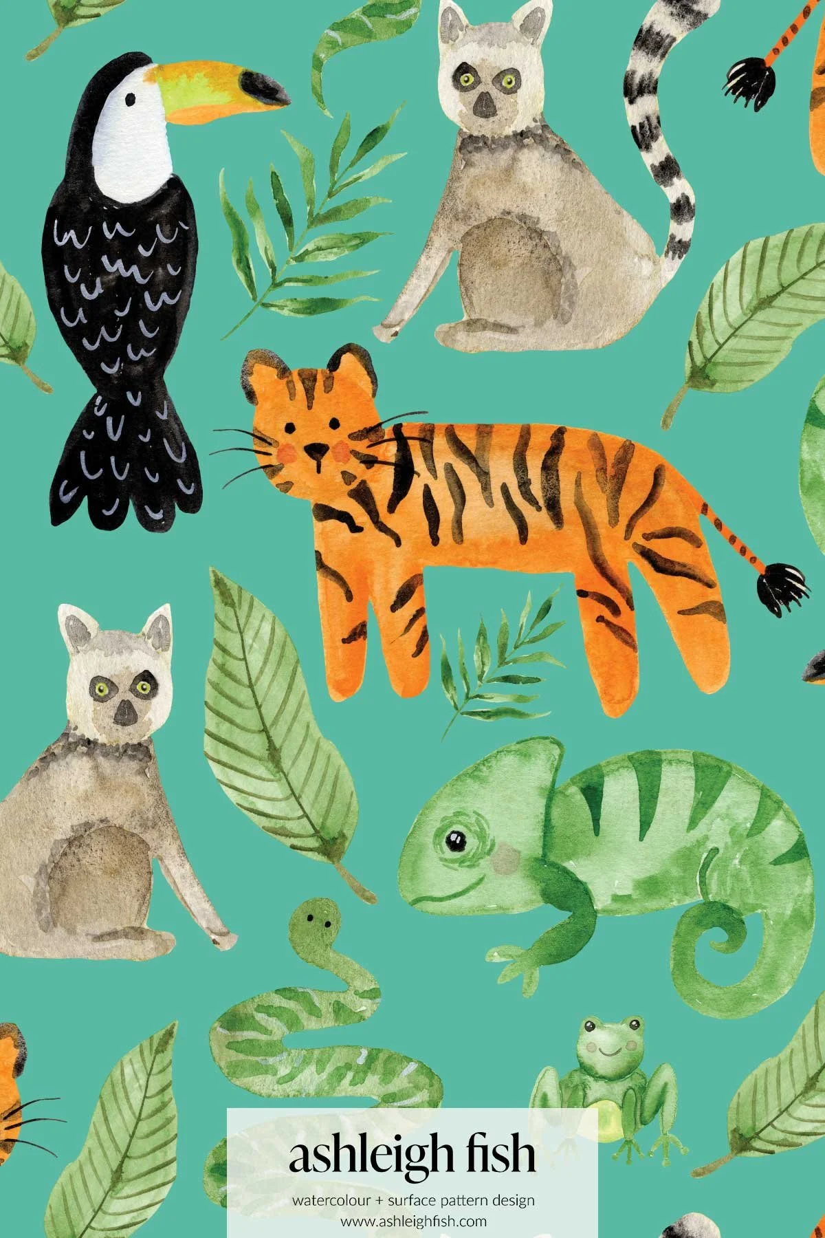 Illustrated animals and leaves pattern on teal background