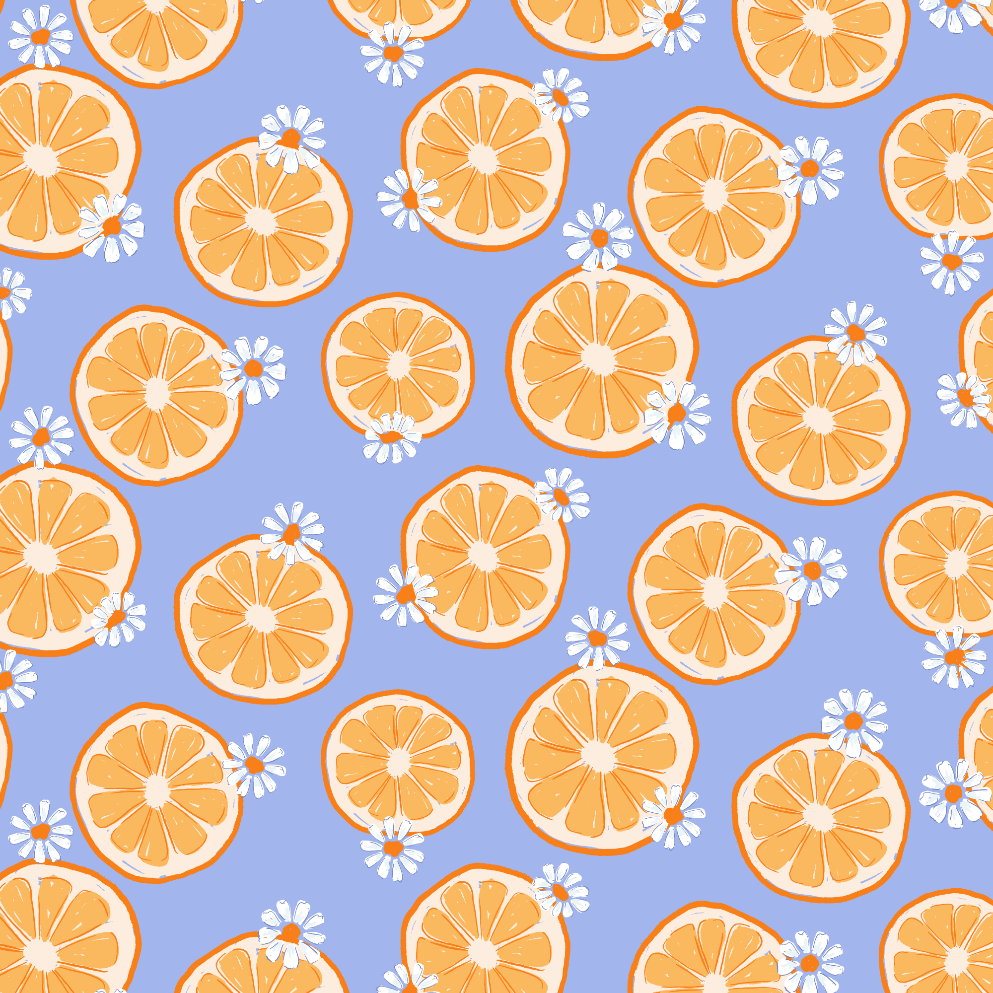 Pattern of orange slices and small white flowers on a purple background.