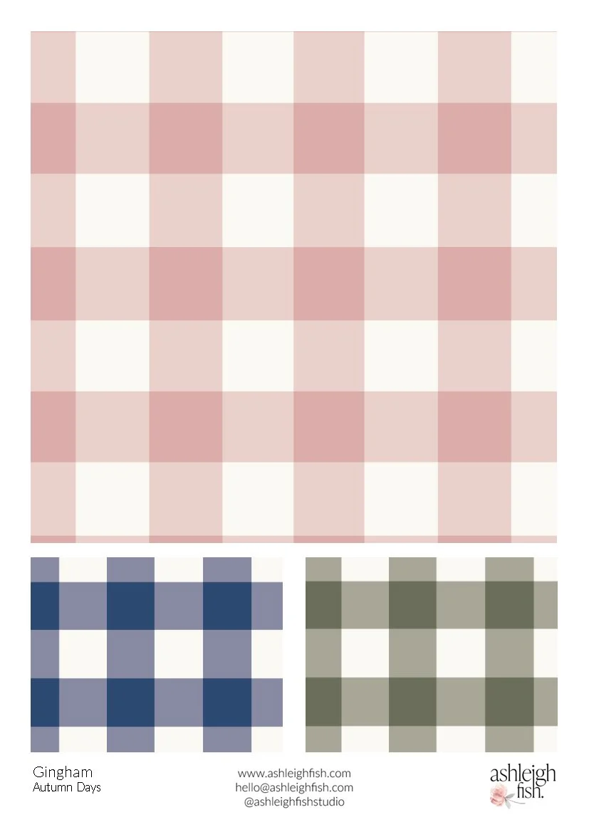 Gingham pattern samples in pink, blue, and green by ashleighfish.com.