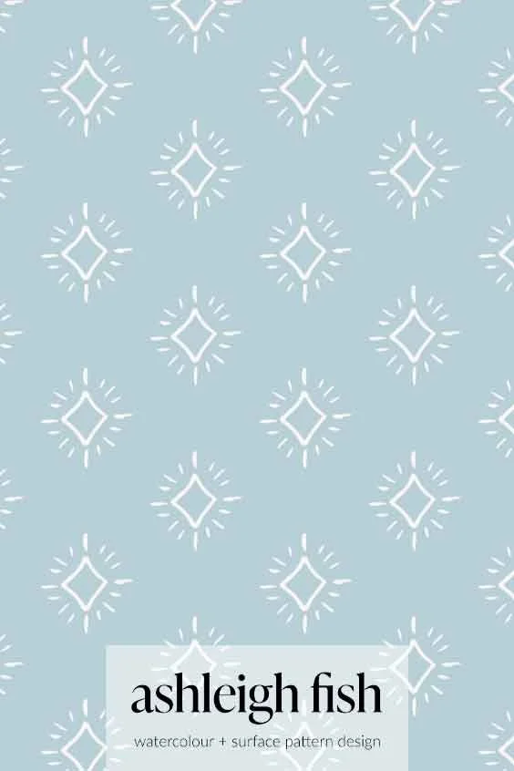 Repeating geometric pattern with white diamond shapes on a light blue background. Design by Ashleigh Fish.