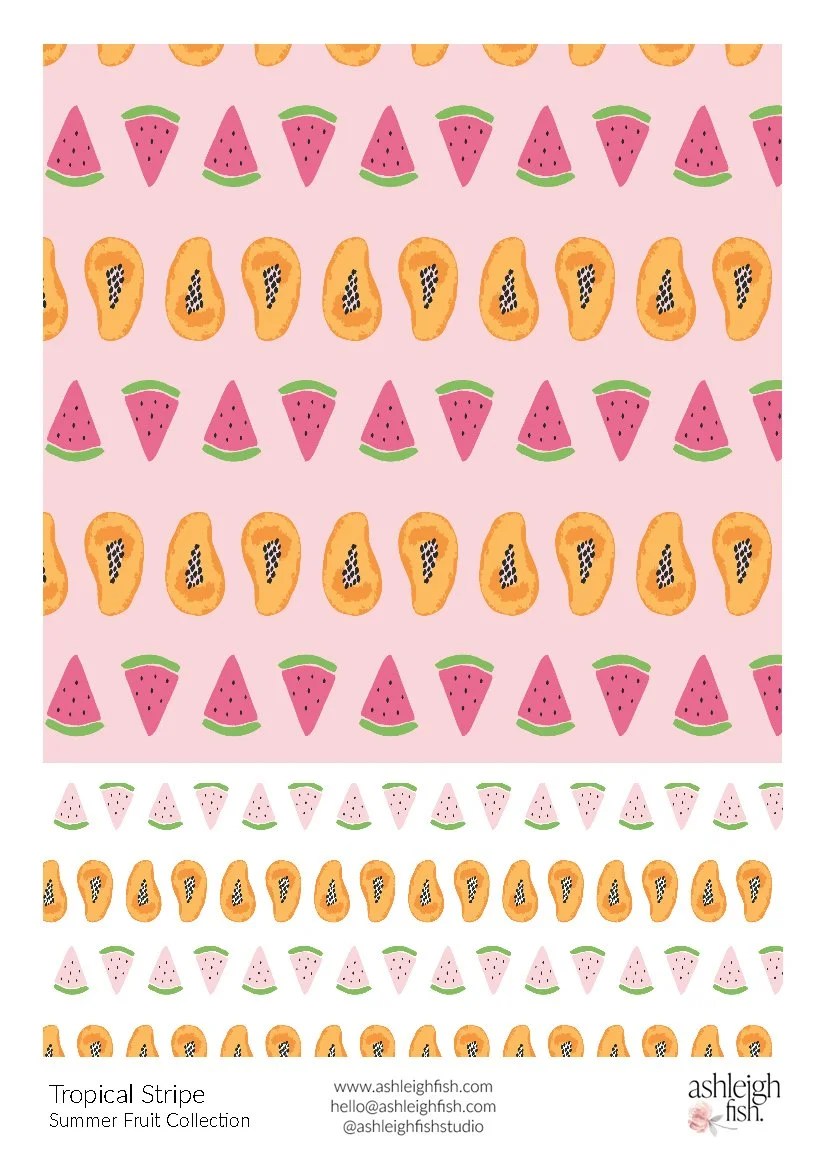 Pattern of watermelon slices and papaya halves on pink background