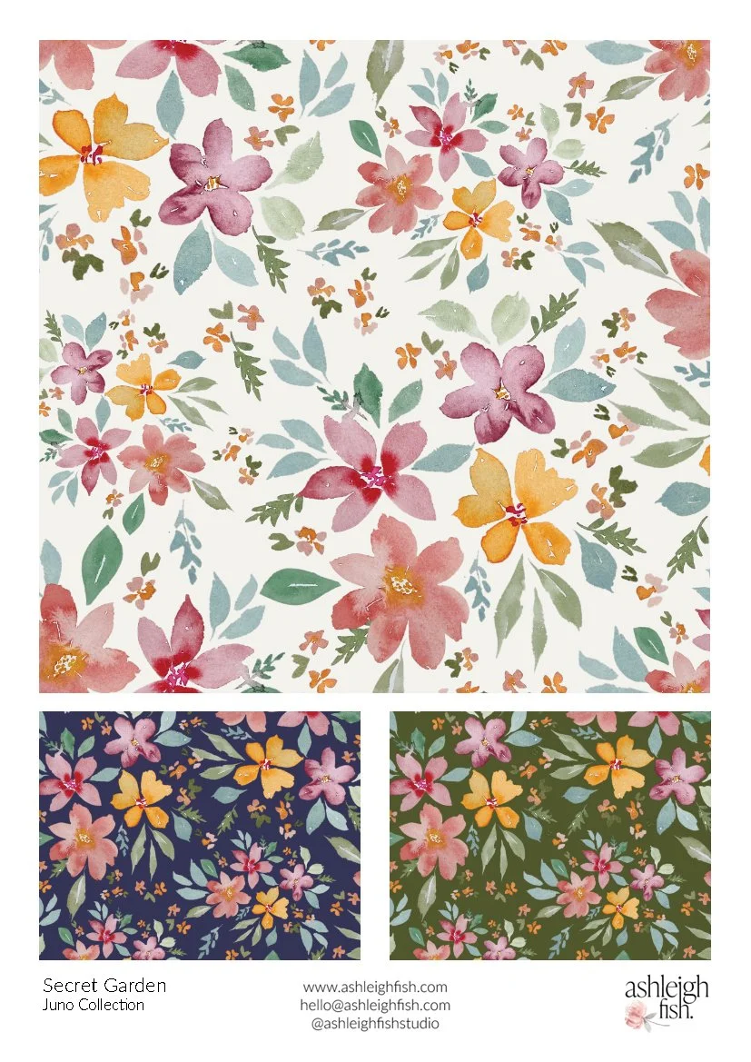Floral pattern featuring pink, orange, and green watercolor flowers and leaves from the Secret Garden Juno Collection by Ashleigh Fish.