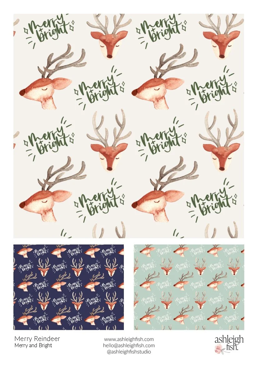 Seamless pattern featuring illustrated reindeer heads with antlers and the phrase 'Merry and Bright' in stylized lettering. The pattern appears in different color variations, including cream, navy blue, and teal backgrounds.