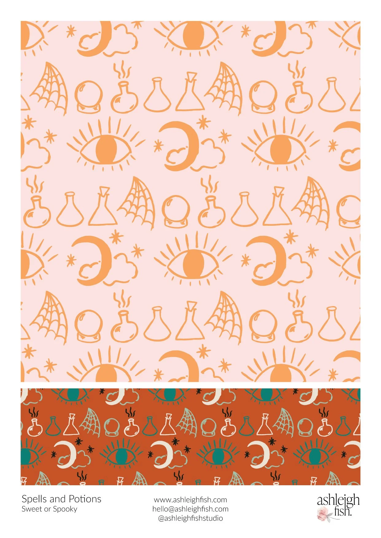Illustrated pattern featuring eyes, crescent moons, potion bottles, spider webs, and crystal balls, in a mystical theme. Two color variations: light pink with orange designs and dark orange with teal and beige designs.