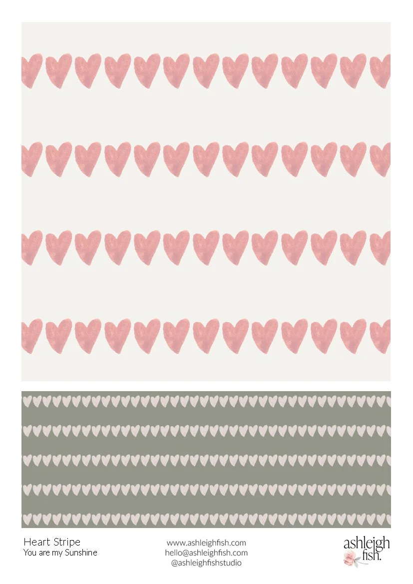 Pattern with rows of pink hearts on white and green backgrounds.