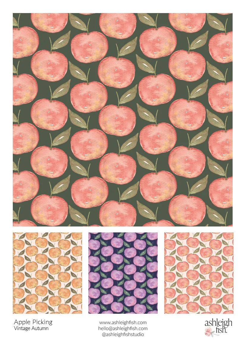 Pattern design with watercolor apples in different colors on various backgrounds.