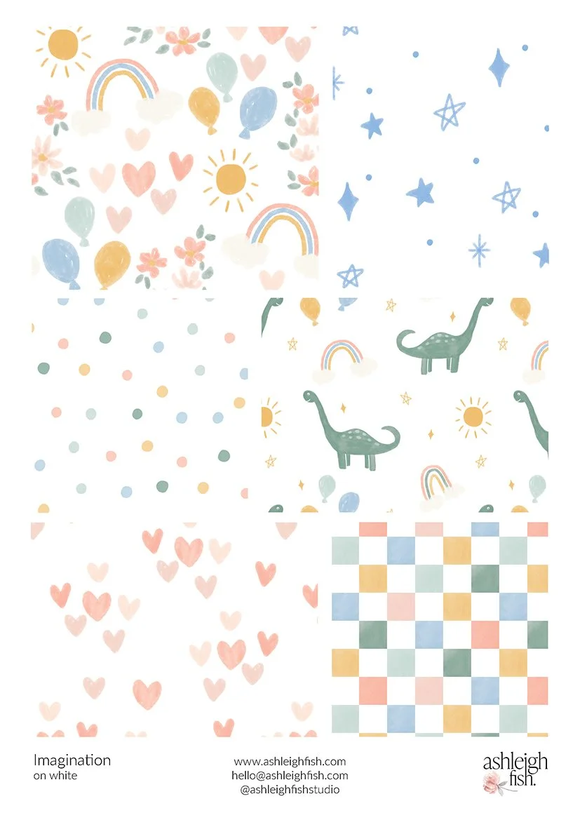Pattern collection featuring rainbows, hearts, balloons, flowers, dinosaurs, suns, stars, polka dots, and checkerboard designs in pastel colors.