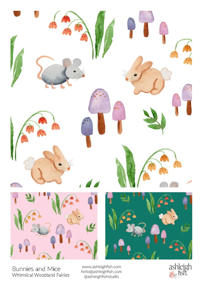 Pattern with watercolor illustrations of bunnies, mice, mushrooms, flowers, and leaves on various backgrounds.