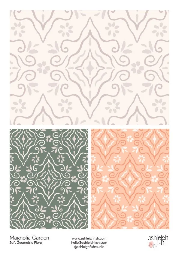 Soft geometric floral patterns in cream, green, and peach.