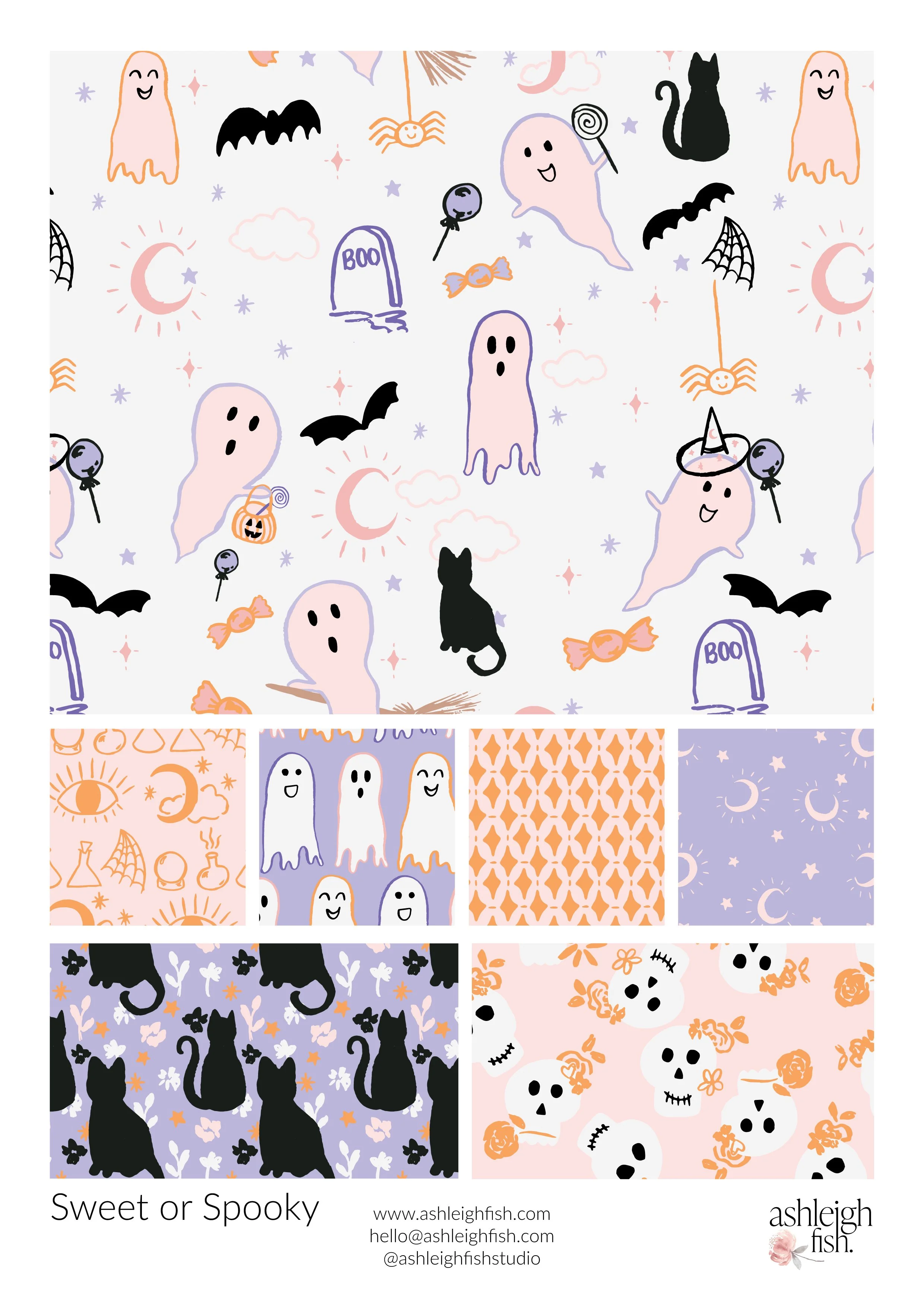 Cute Halloween-themed patterns featuring ghosts, bats, black cats, spider webs, crescent moons, and skulls in pastel colors. Designed by Ashleigh Fish.