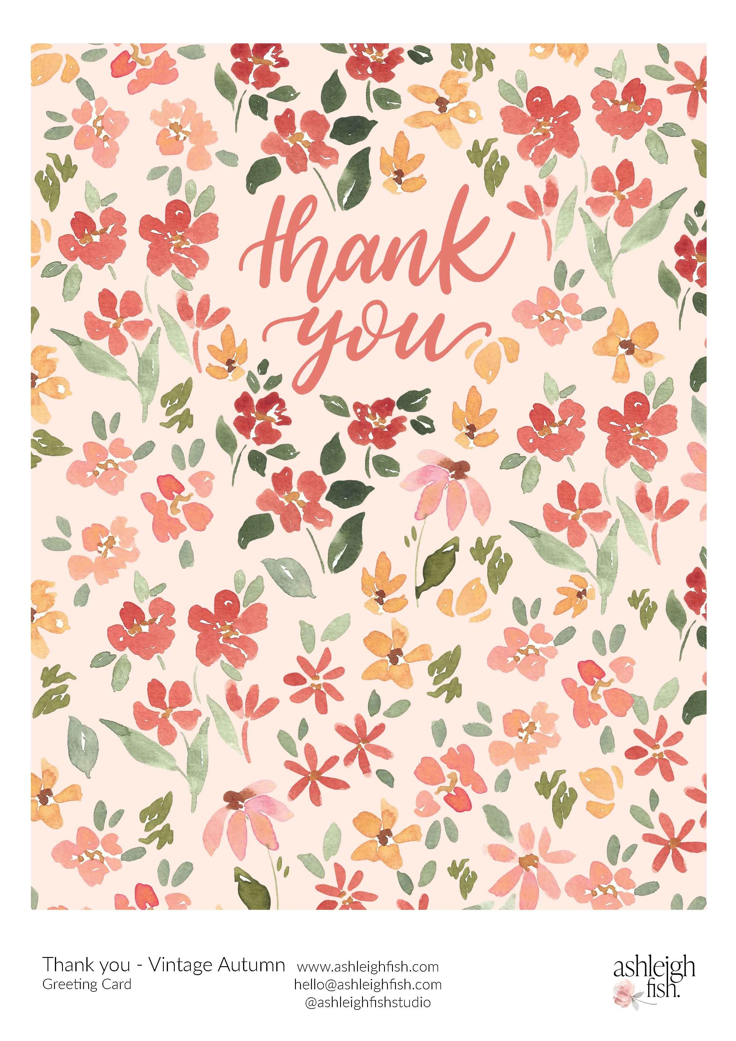 Greeting card with "Thank you" text in pink script, surrounded by watercolor floral pattern in red, pink, orange, and green hues.