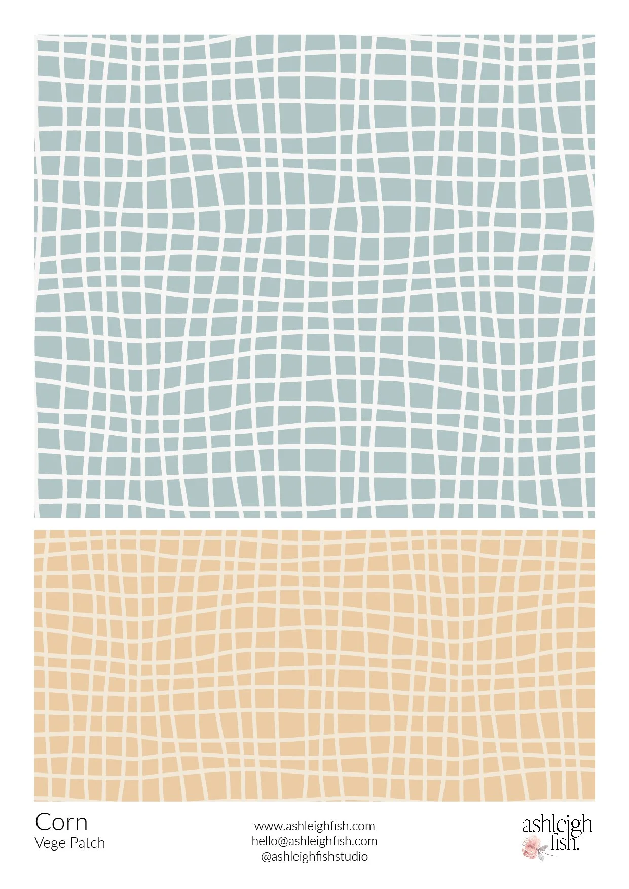 Abstract pattern with wavy grid lines on blue and beige backgrounds, labeled 'Corn Vege Patch' with contact information and logo at the bottom.