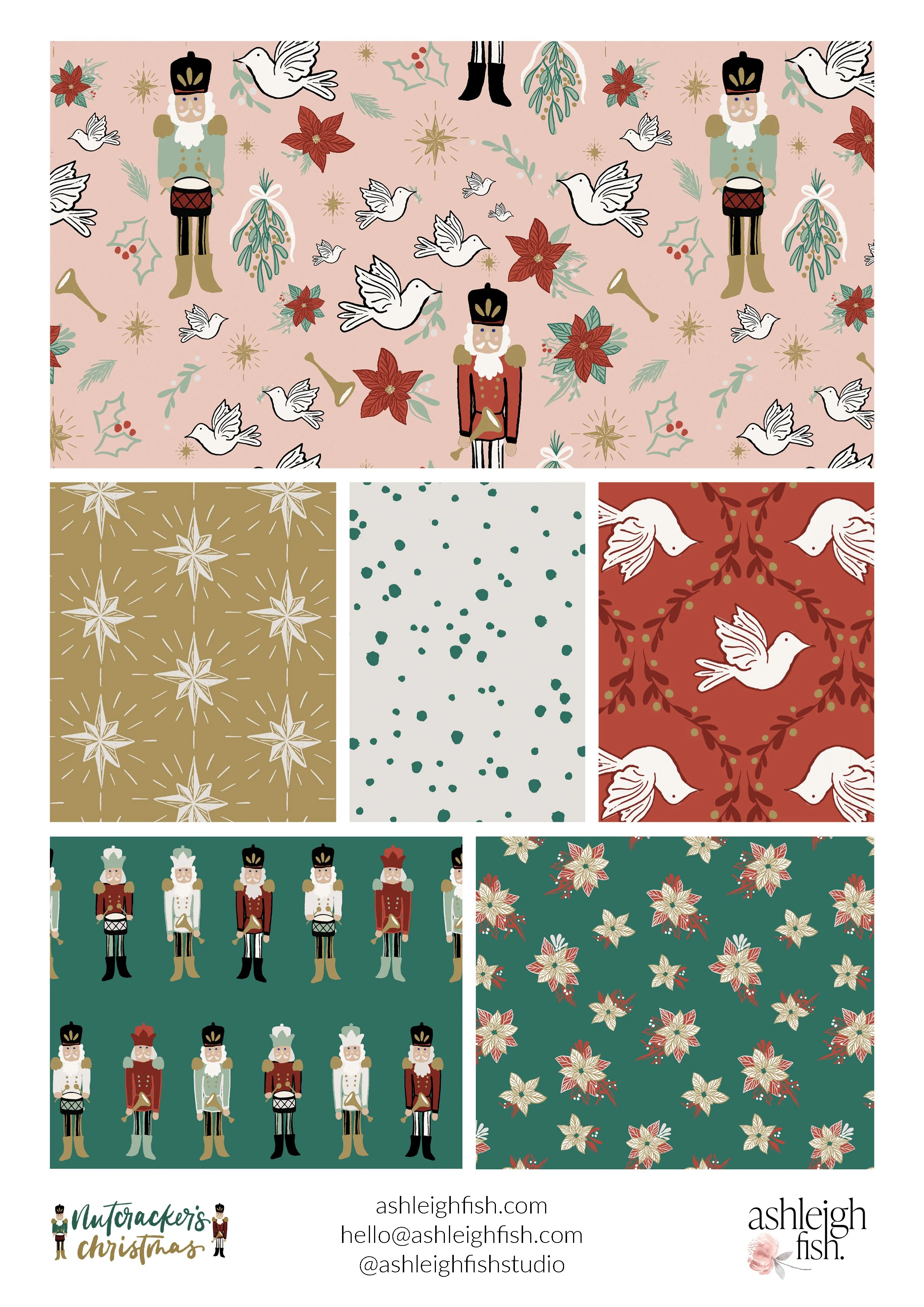 Christmas-themed patterns featuring nutcracker soldiers, doves, poinsettias, stars, polka dots, and foliage in red, green, and gold colors.