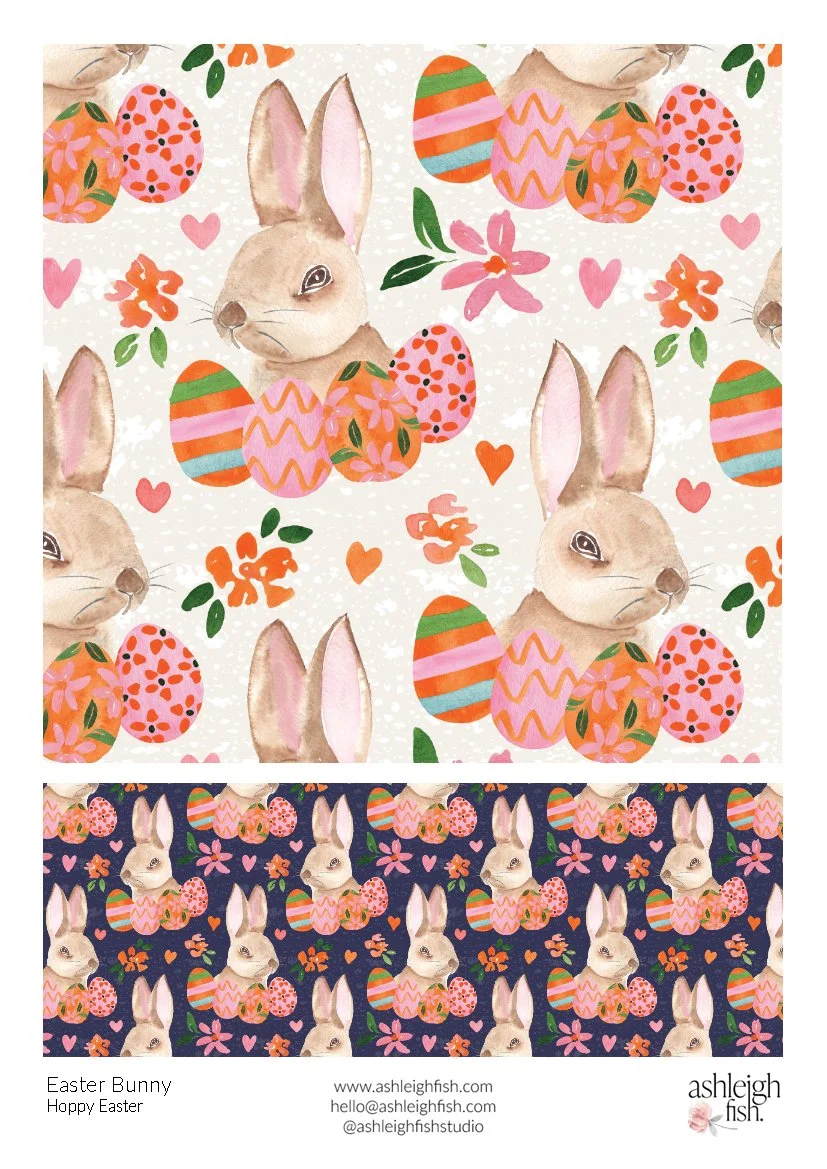 Illustration of rabbits, Easter eggs, and flowers in a repeating pattern with two color backgrounds, one light and one dark.